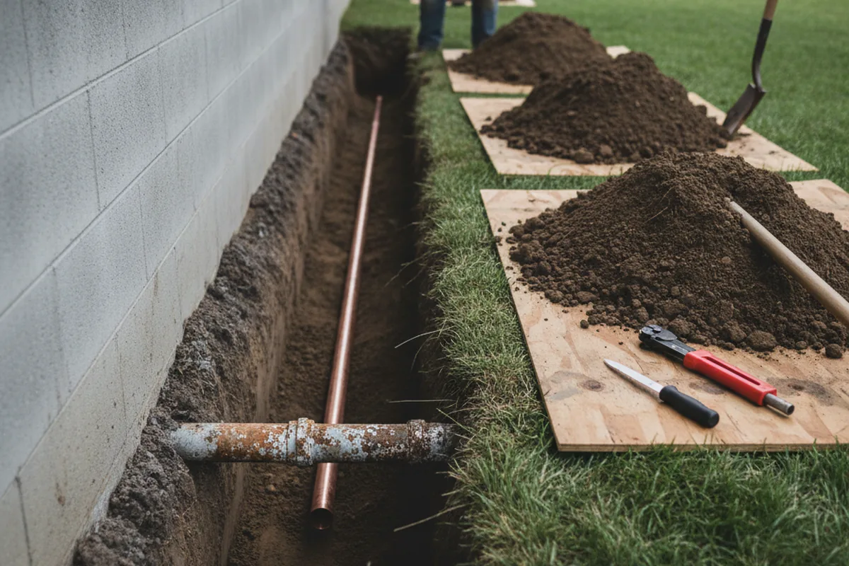 Excavated water line trench during Sewer Line Repair in Andale